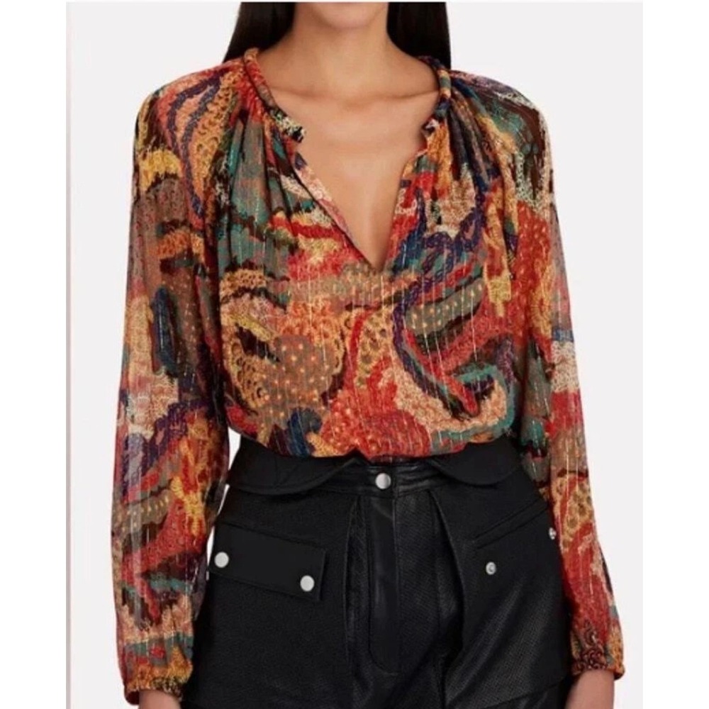 A.L.C. Silk Metallic Lurex Paisley Blouse‎ Multicolor V-Neck Top Size 6 / M